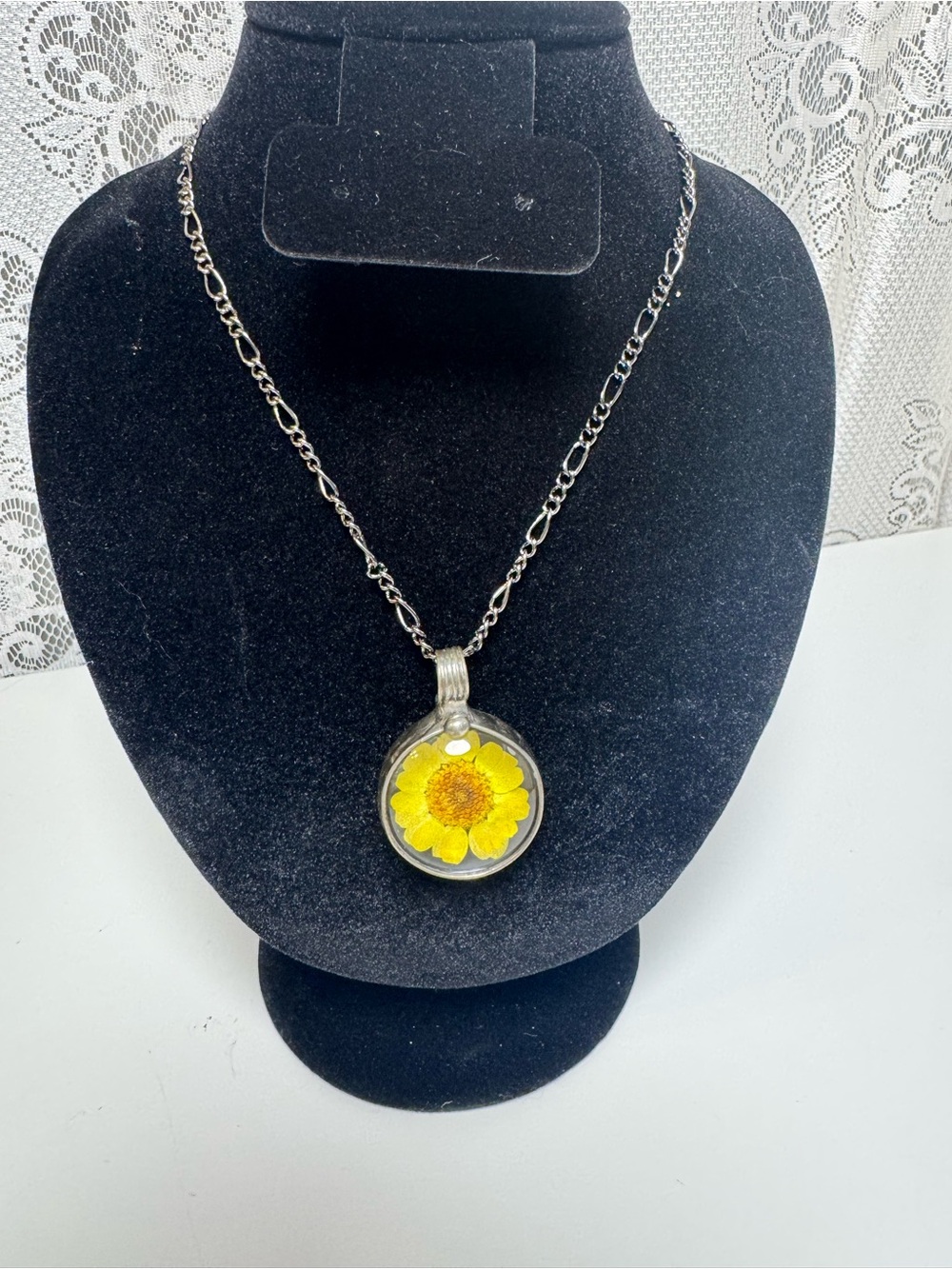 Yellow Pressed Flower Pendant Necklace - Durable Silver Chain